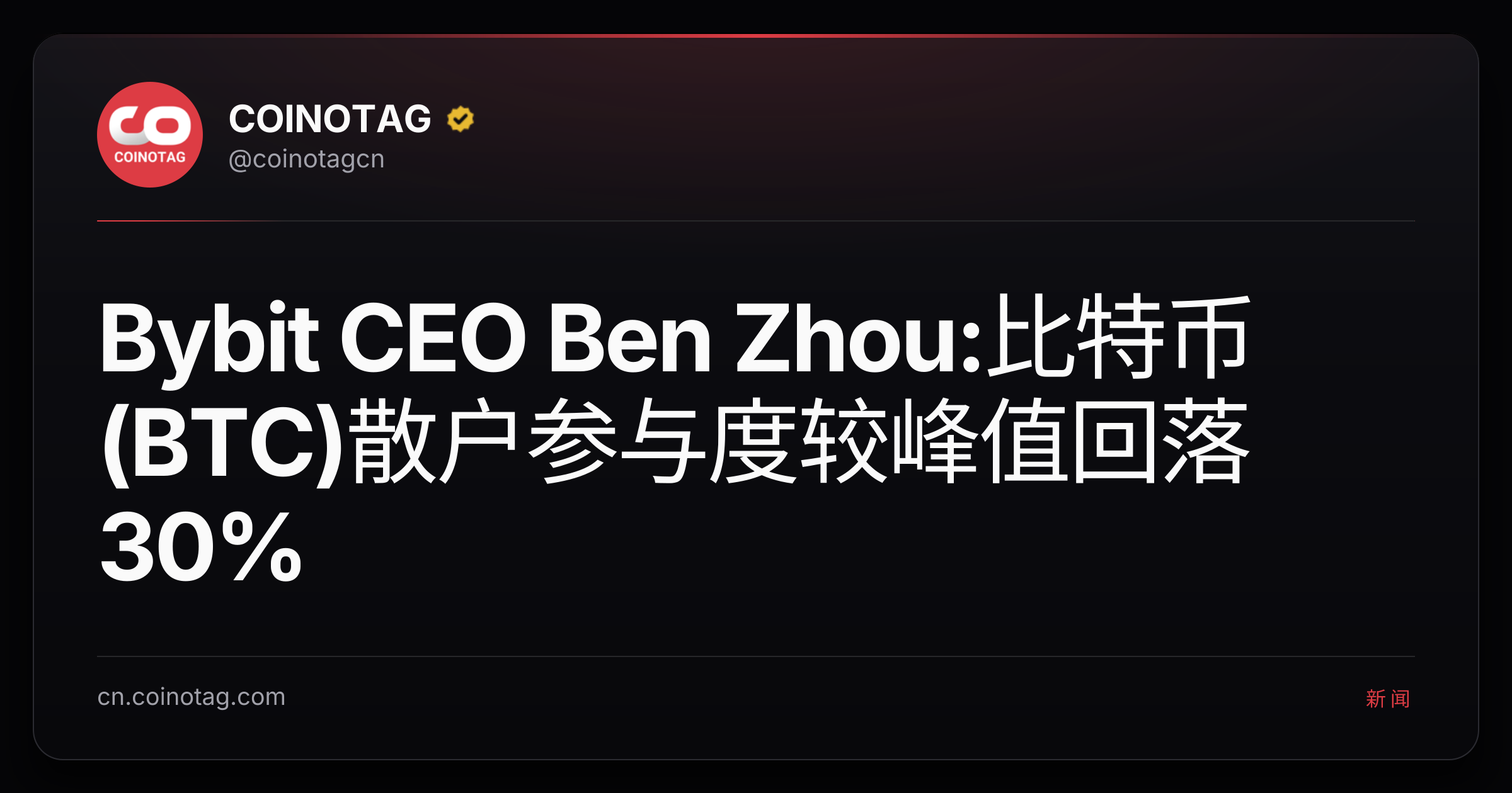 Bybit CEO Ben Zhou:比特币(BTC)散户参与度较峰值回落30%