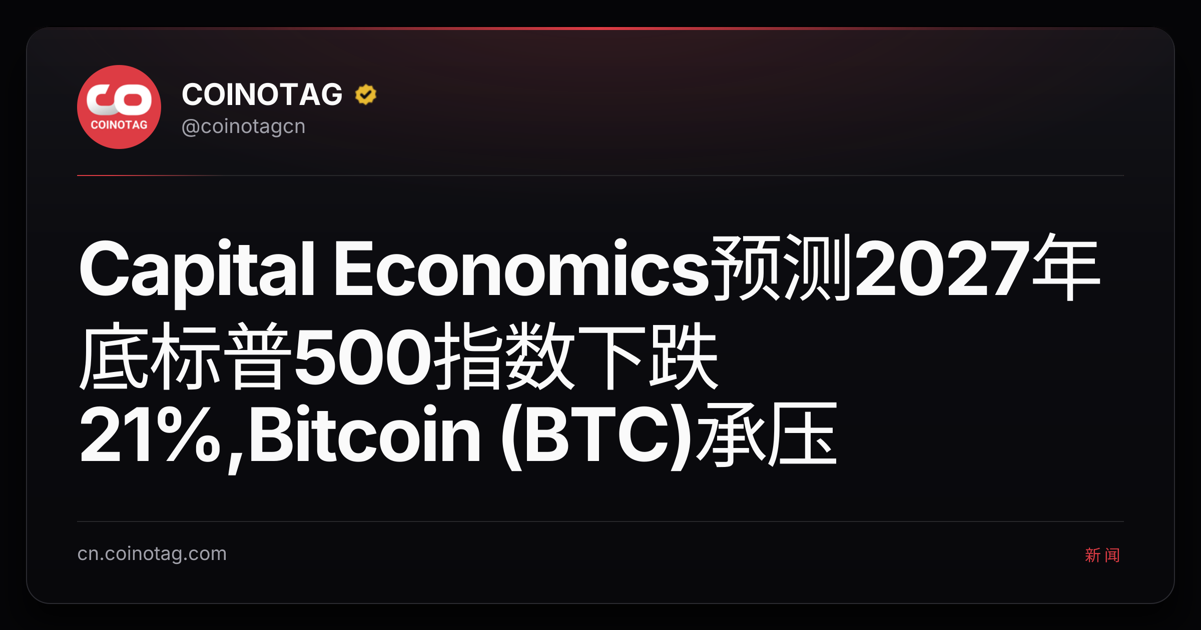 Capital Economics预测2027年底标普500指数下跌21%,Bitcoin (BTC)承压