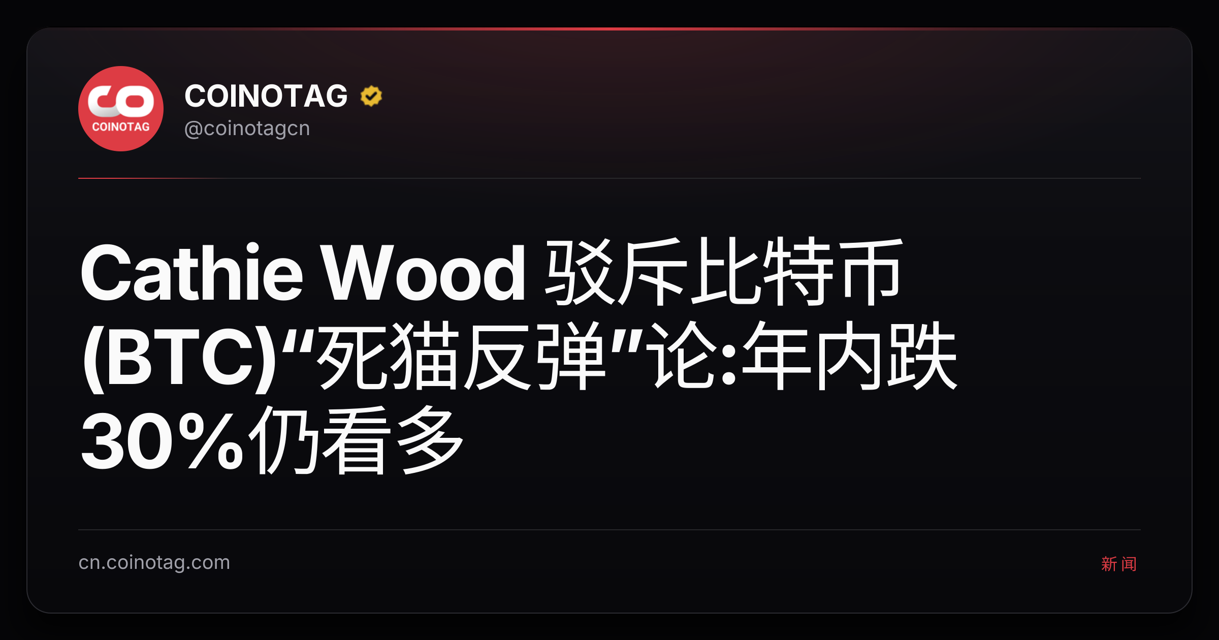 Cathie Wood 驳斥比特币(BTC)“死猫反弹”论:年内跌30%仍看多