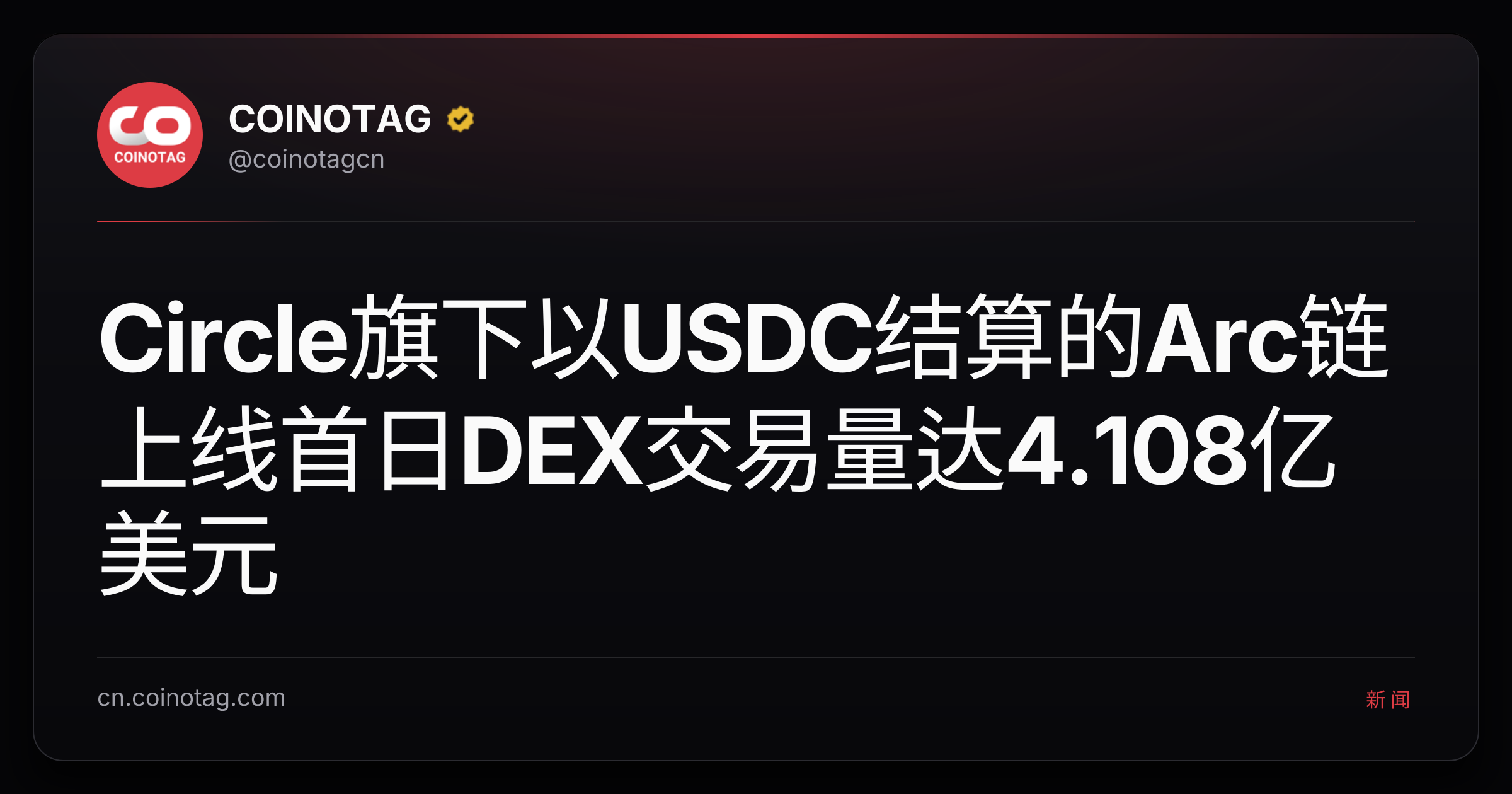 Circle旗下以USDC结算的Arc链上线首日DEX交易量达4.108亿美元