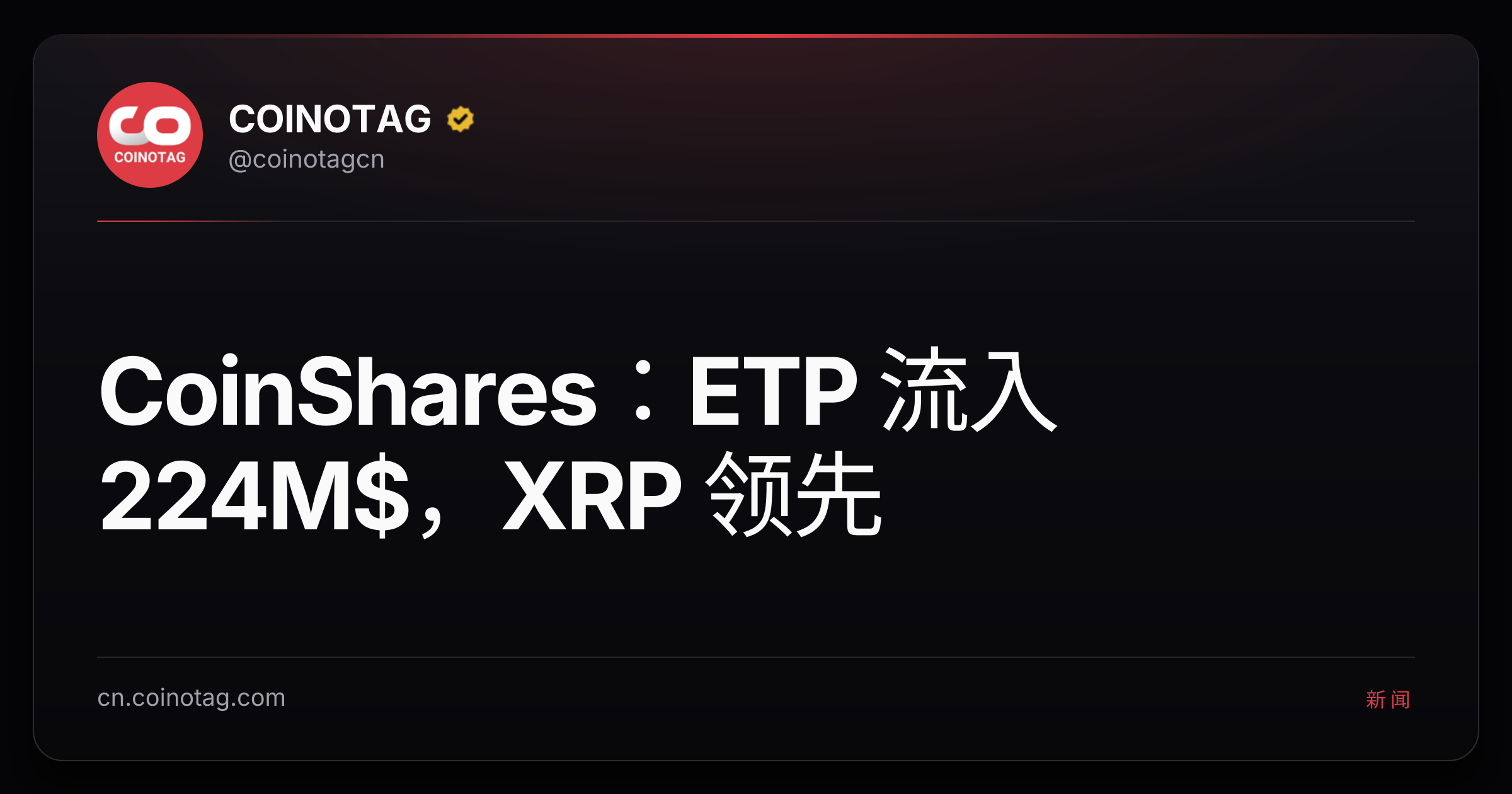 CoinShares：ETP 流入 224M$，XRP 领先