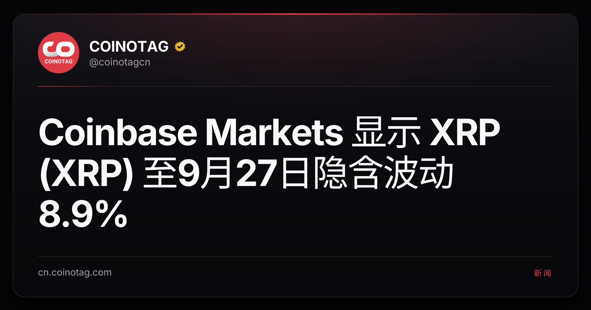 Coinbase Markets 显示 XRP (XRP) 至9月27日隐含波动8.9%