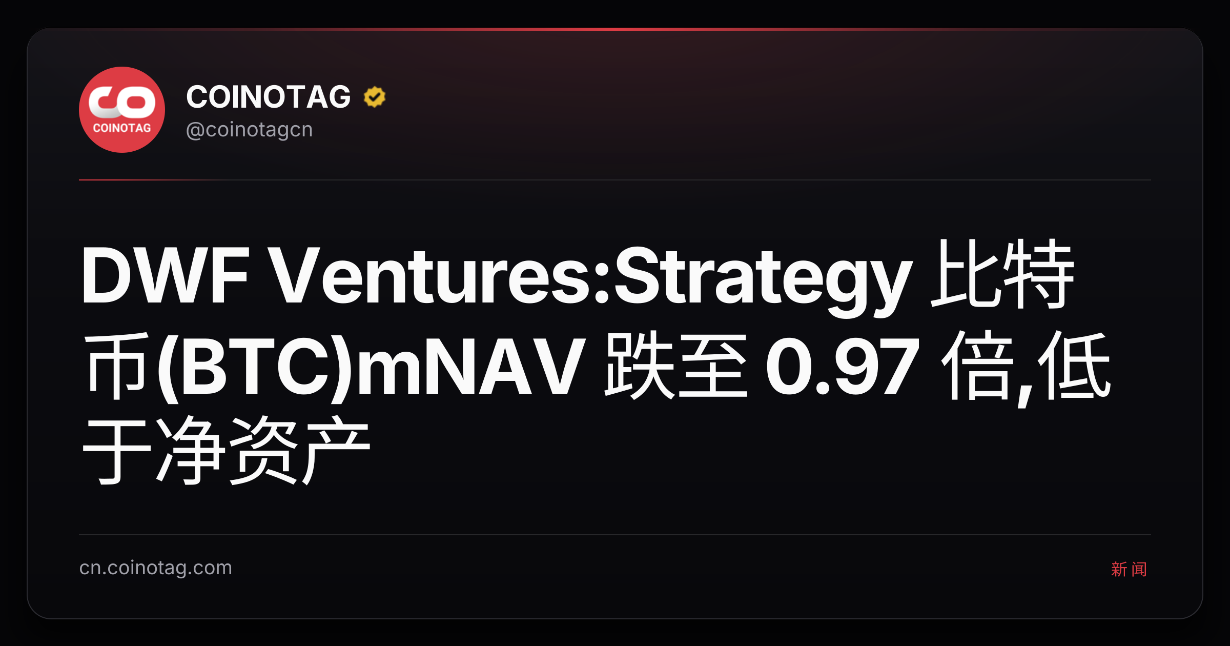 DWF Ventures:Strategy 比特币(BTC)mNAV 跌至 0.97 倍,低于净资产