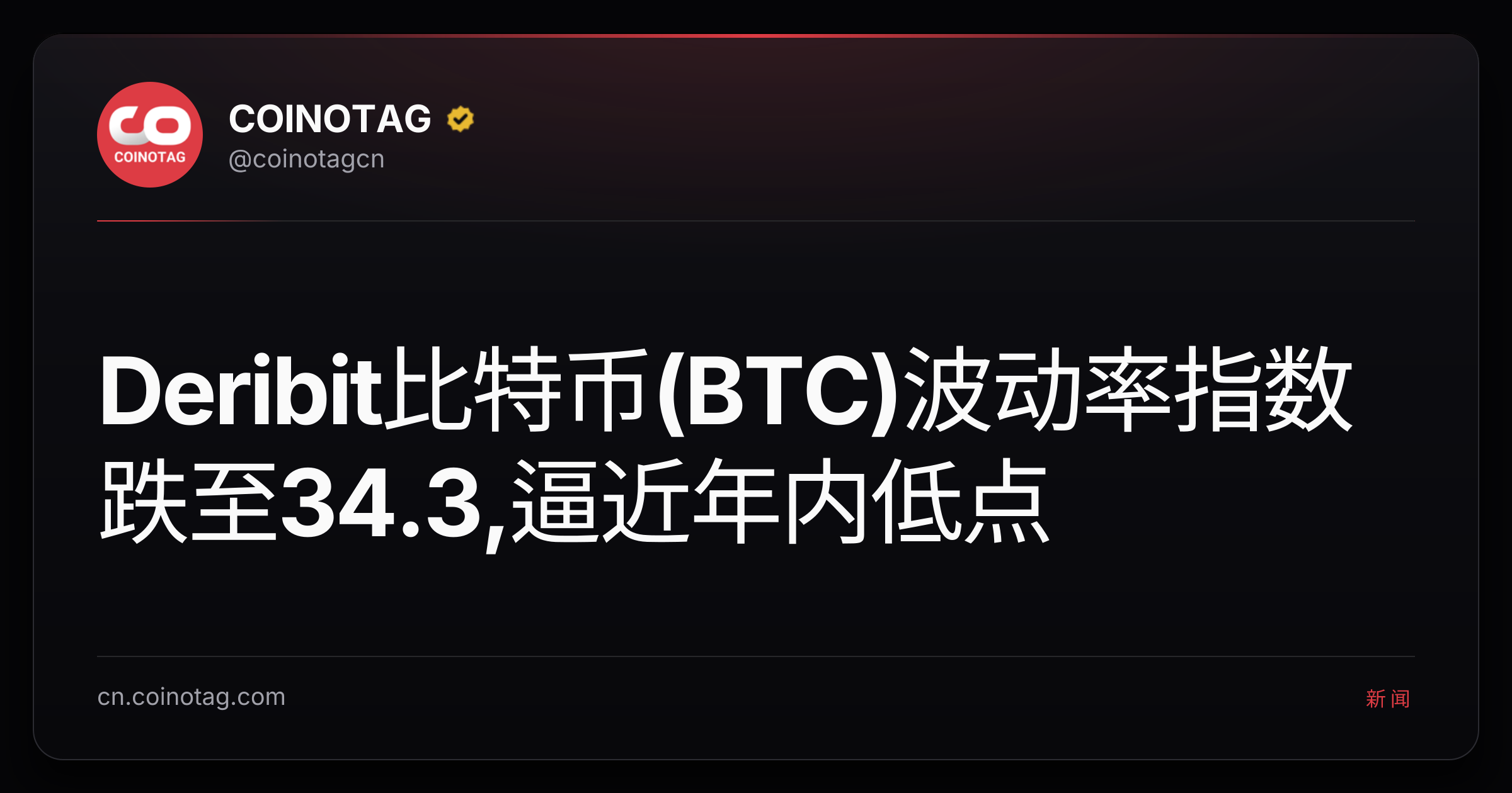 Deribit比特币(BTC)波动率指数跌至34.3,逼近年内低点