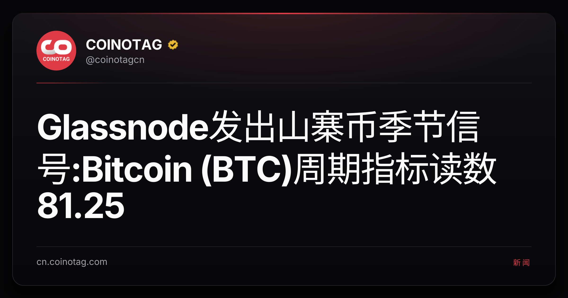 Glassnode发出山寨币季节信号:Bitcoin (BTC)周期指标读数81.25