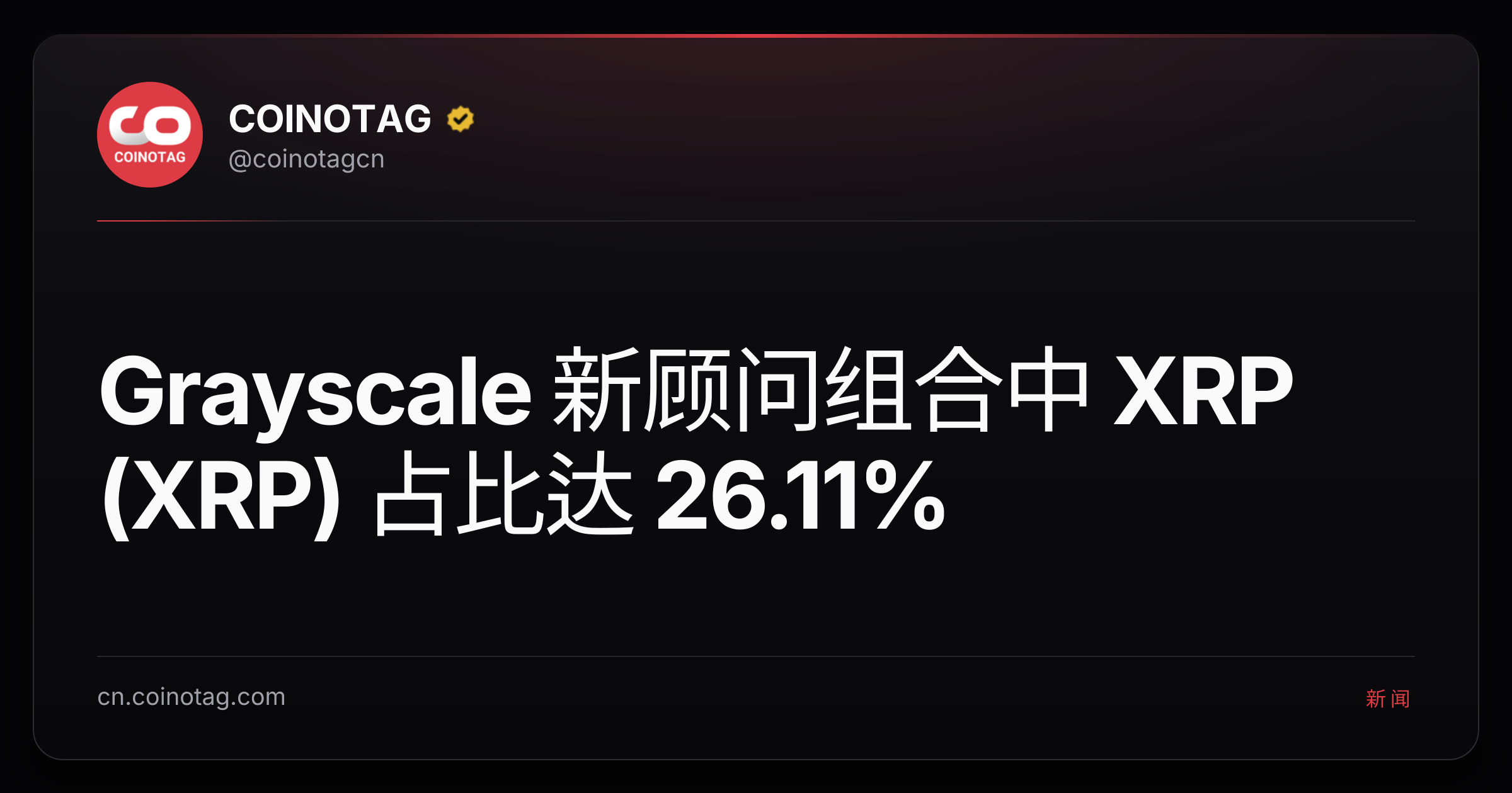 Grayscale 新顾问组合中 XRP (XRP) 占比达 26.11%