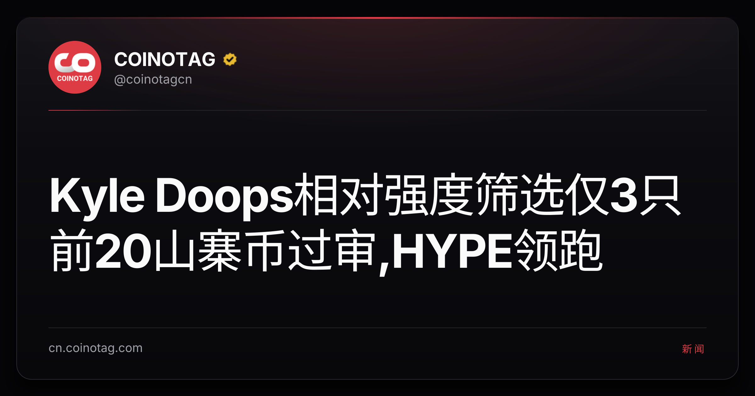 Kyle Doops相对强度筛选仅3只前20山寨币过审,HYPE领跑
