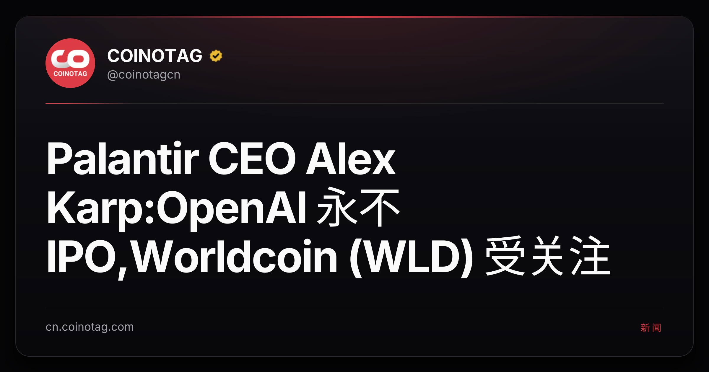 Palantir CEO Alex Karp:OpenAI 永不 IPO,Worldcoin (WLD) 受关注