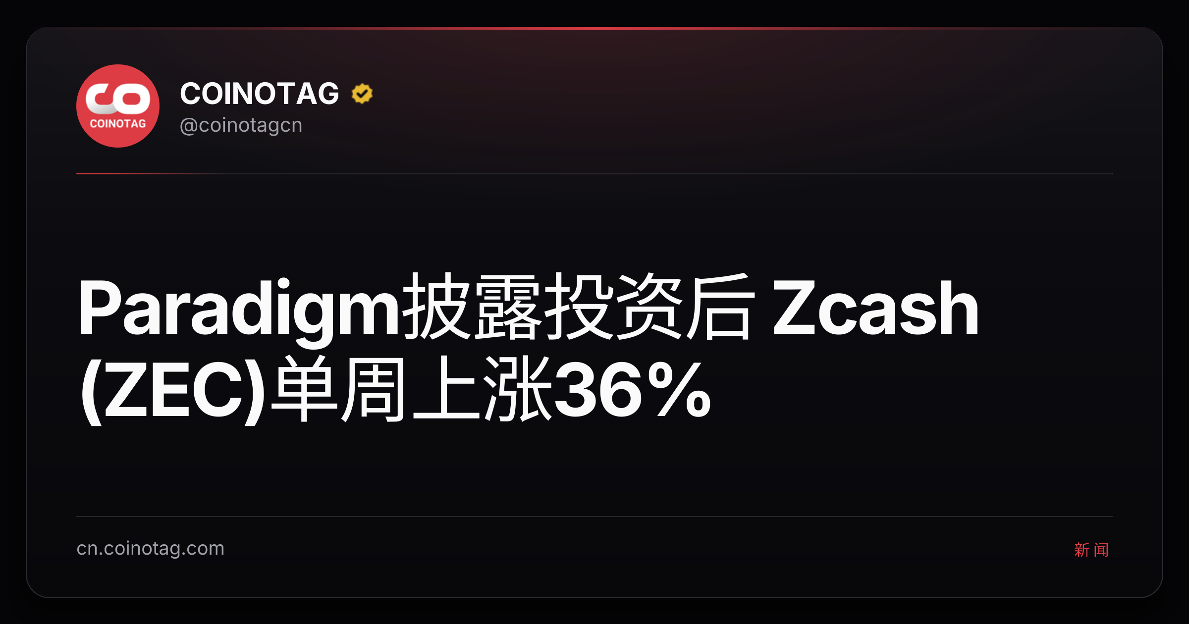 Paradigm披露投资后 Zcash (ZEC)单周上涨36%