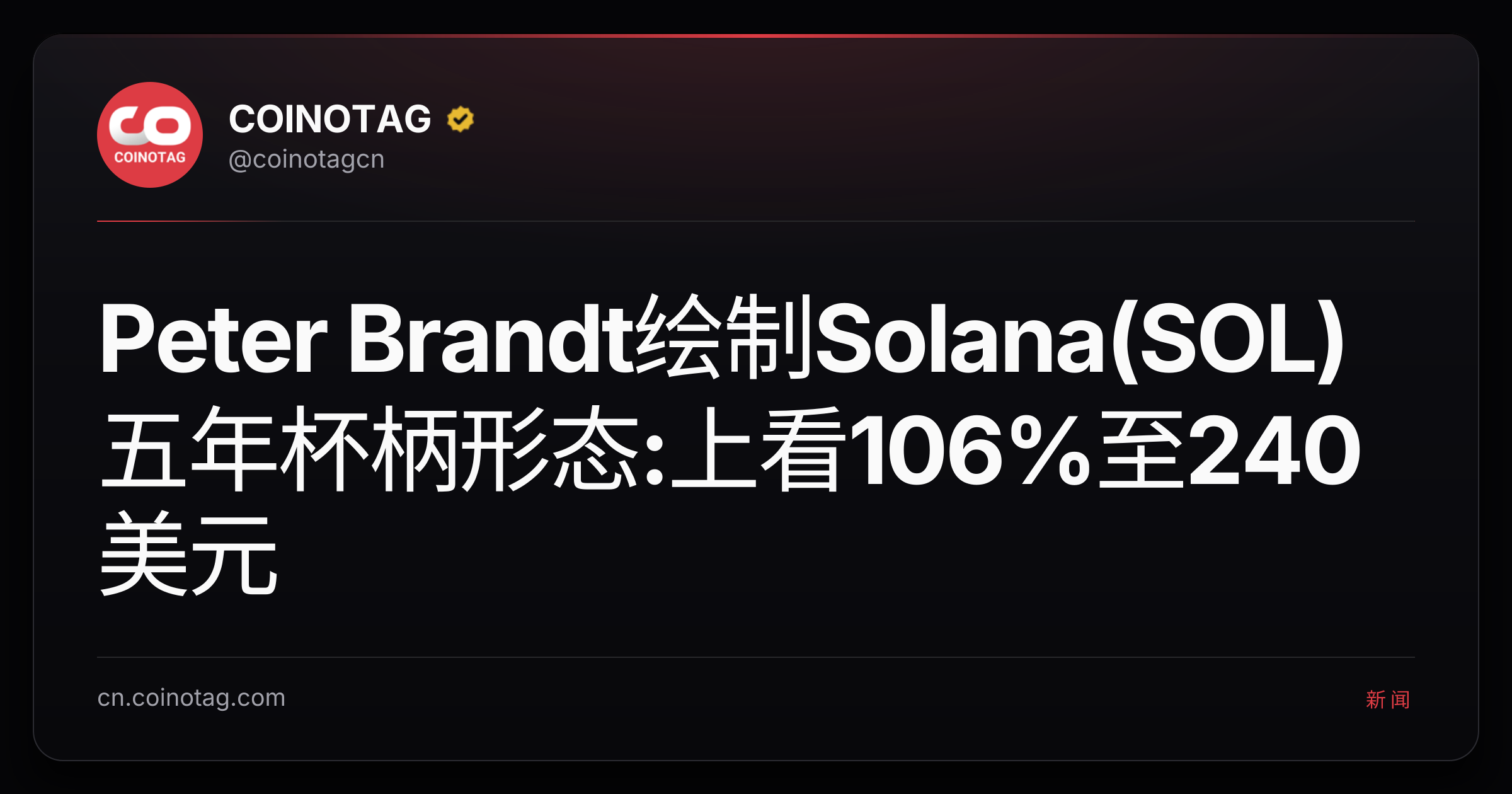 Peter Brandt绘制Solana(SOL)五年杯柄形态:上看106%至240美元