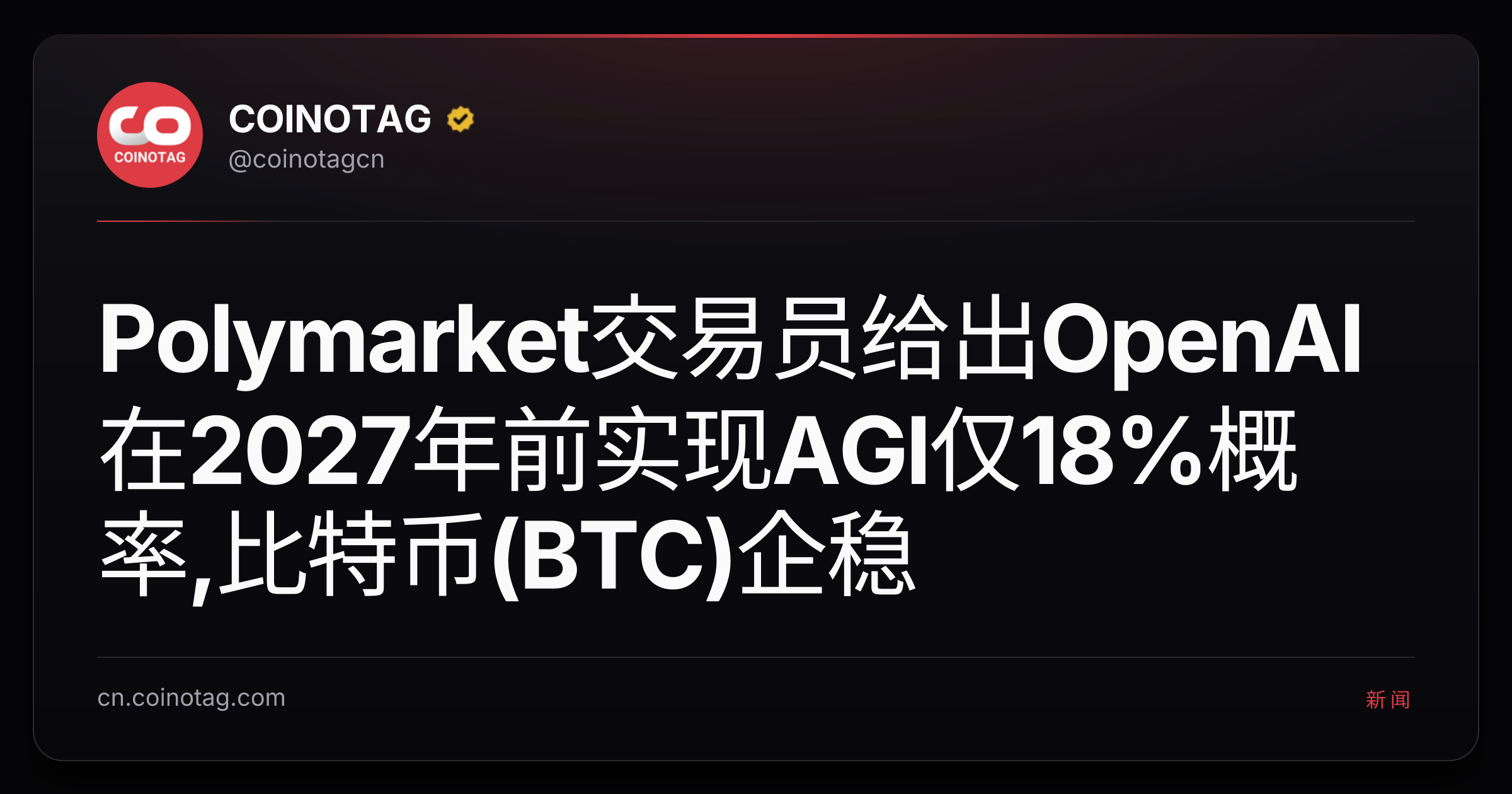 Polymarket交易员给出OpenAI在2027年前实现AGI仅18%概率,比特币(BTC)企稳