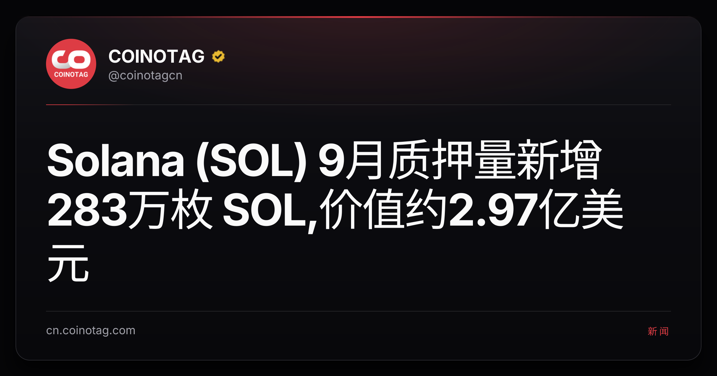 Solana (SOL) 9月质押量新增283万枚 SOL,价值约2.97亿美元