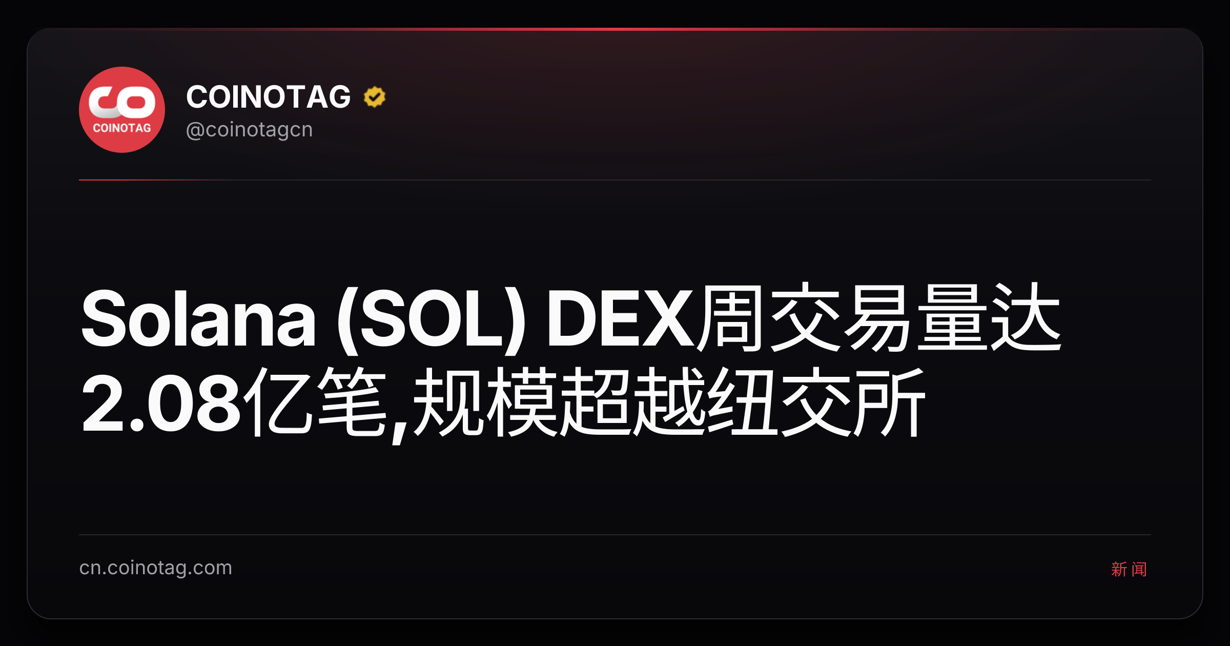 Solana (SOL) DEX周交易量达2.08亿笔,规模超越纽交所