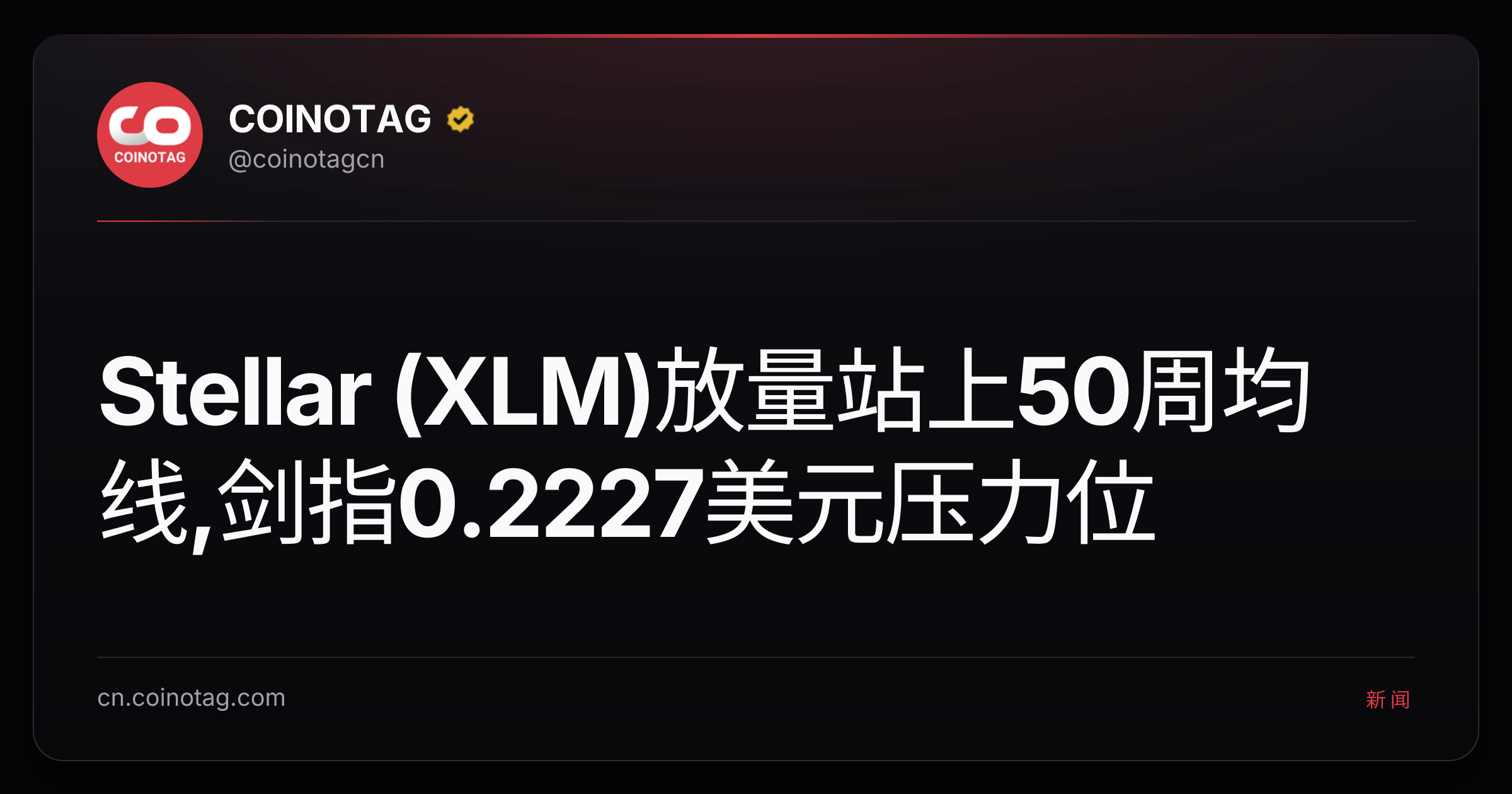 Stellar (XLM)放量站上50周均线,剑指0.2227美元压力位