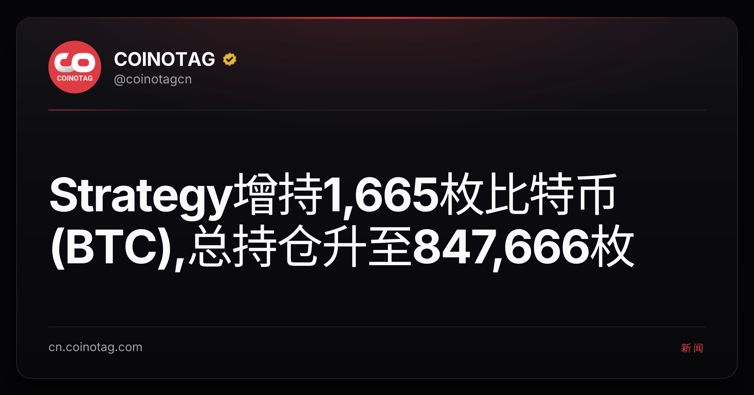 Strategy增持1,665枚比特币(BTC),总持仓升至847,666枚