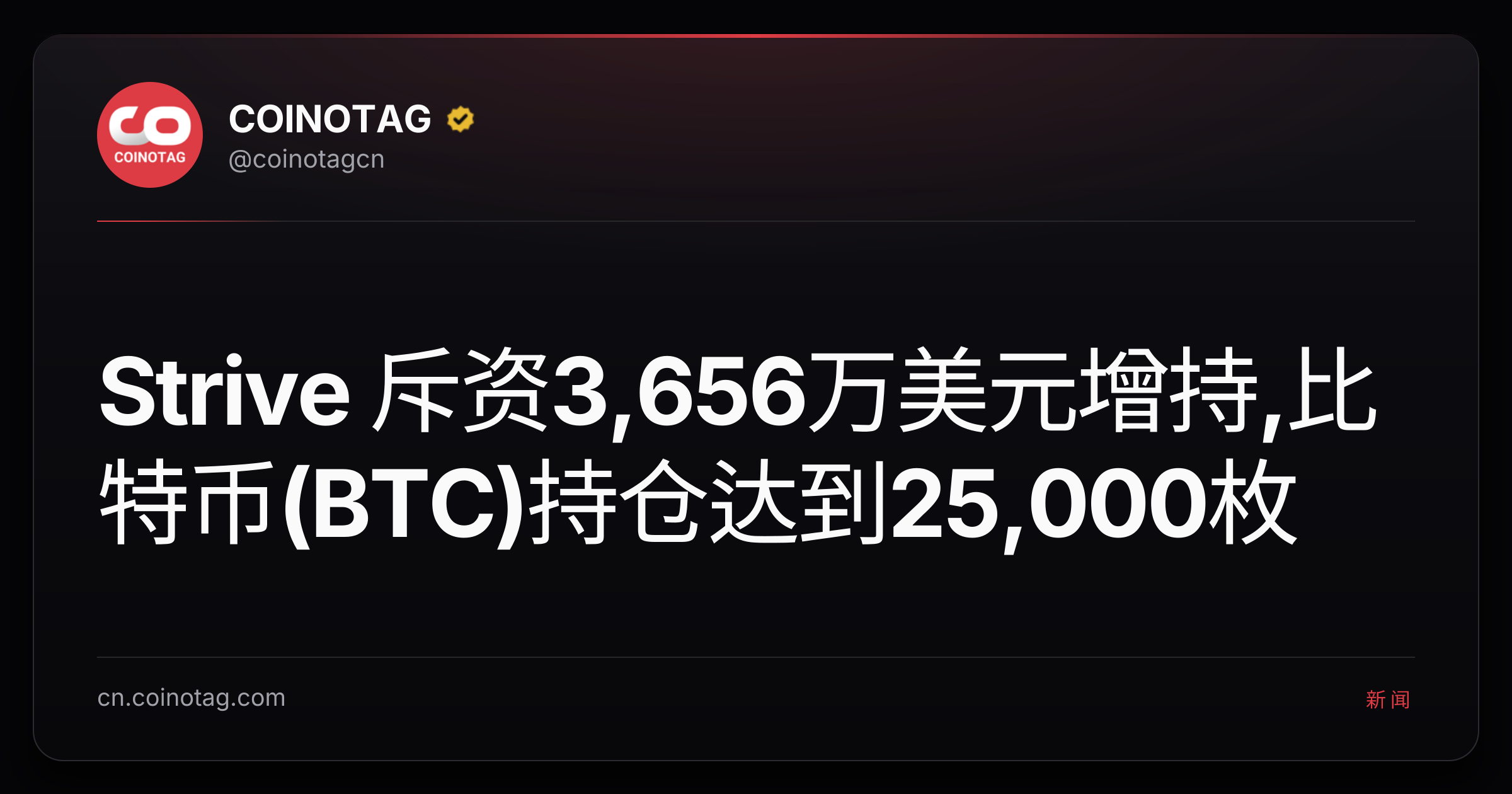 Strive 斥资3,656万美元增持,比特币(BTC)持仓达到25,000枚