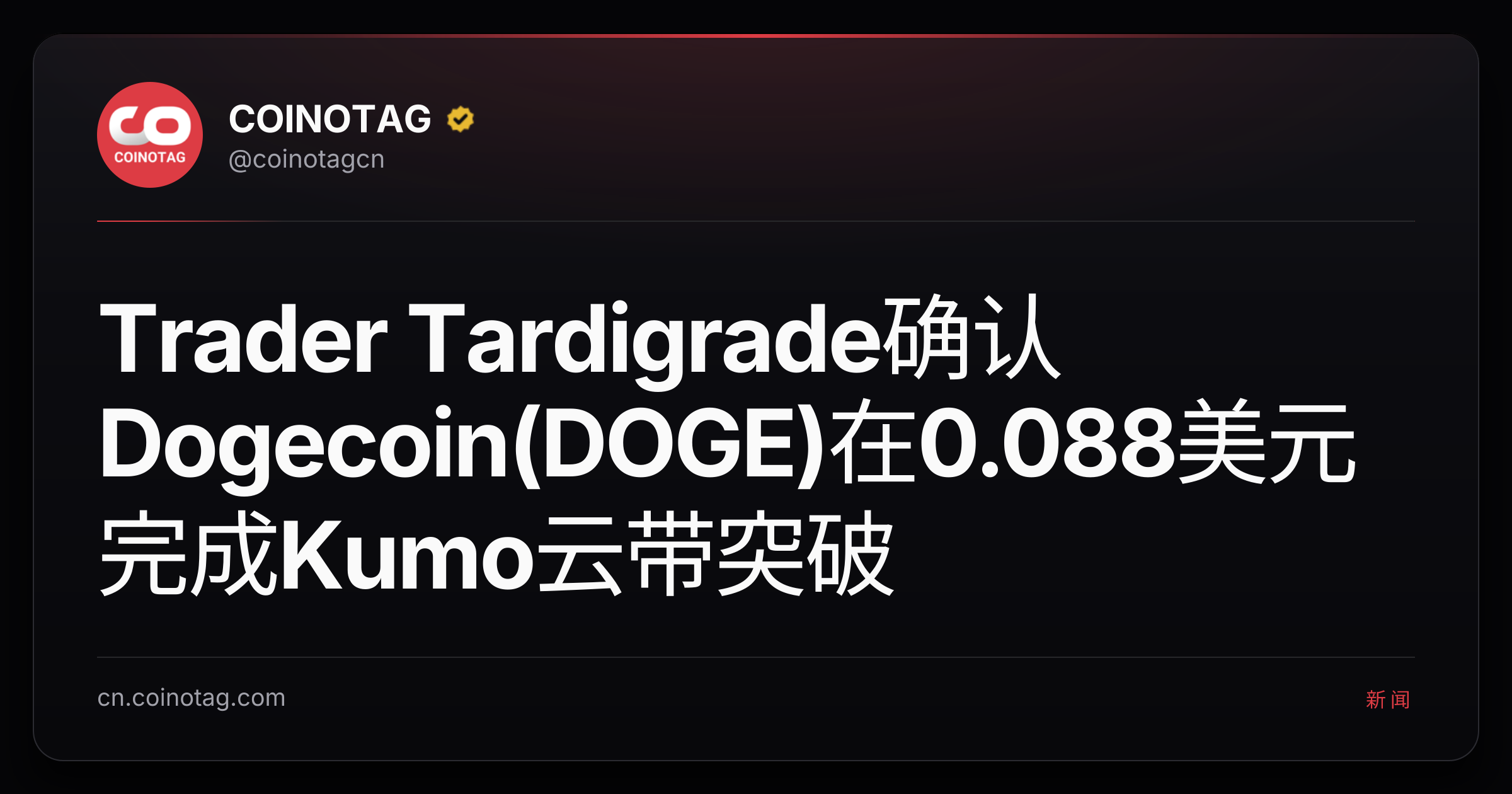 Trader Tardigrade确认Dogecoin(DOGE)在0.088美元完成Kumo云带突破