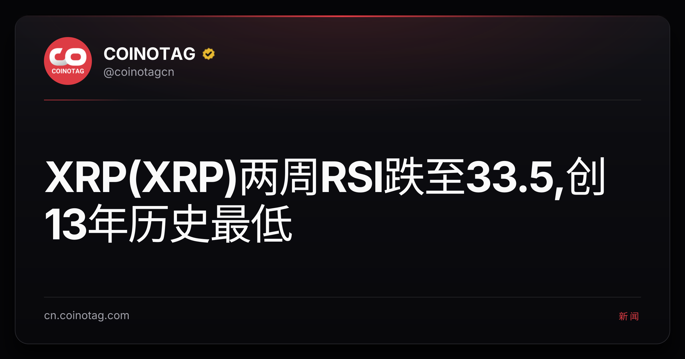 XRP(XRP)两周RSI跌至33.5,创13年历史最低